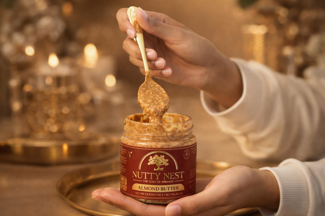 Close-up of NuttyNest Crunchy Almond Butter on spoon showing roasted almond pieces and rich crunchy texture
