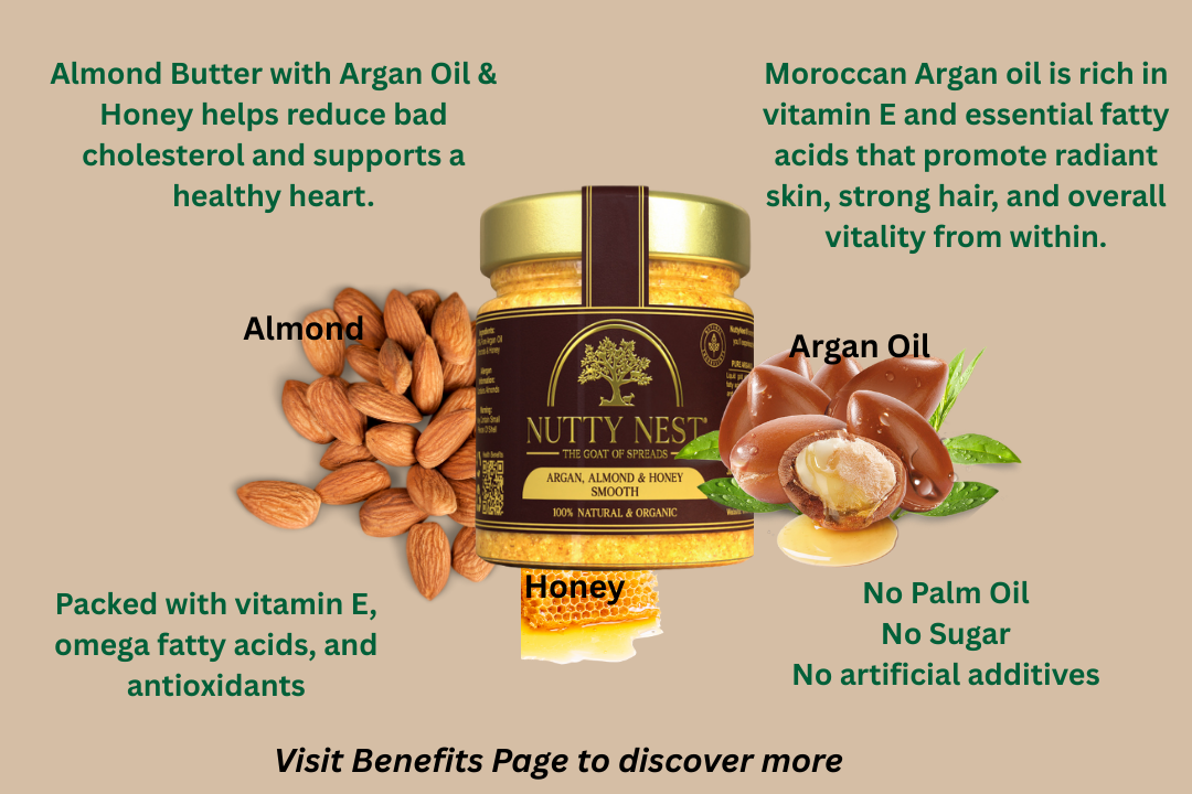 Nutty Nest almond butter with argan oil and honey packaging on a beige background with text about benefits.