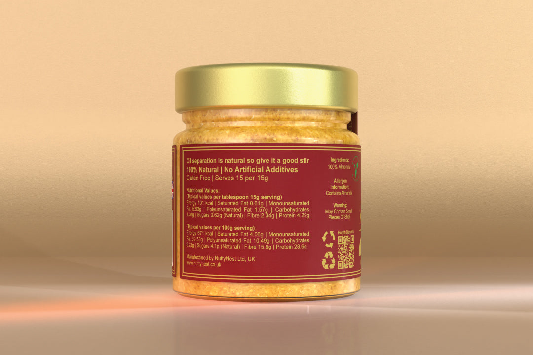 Nutrition information label for NuttyNest Crunchy Almond Butter