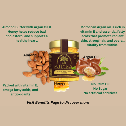 NuttyNest premium almond butter jar with argan oil and honey showing health benefits