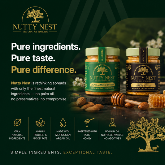 Nutty Nest premium almond butter with Moroccan argan oil, available in Smooth and Crunchy varieties in the UK