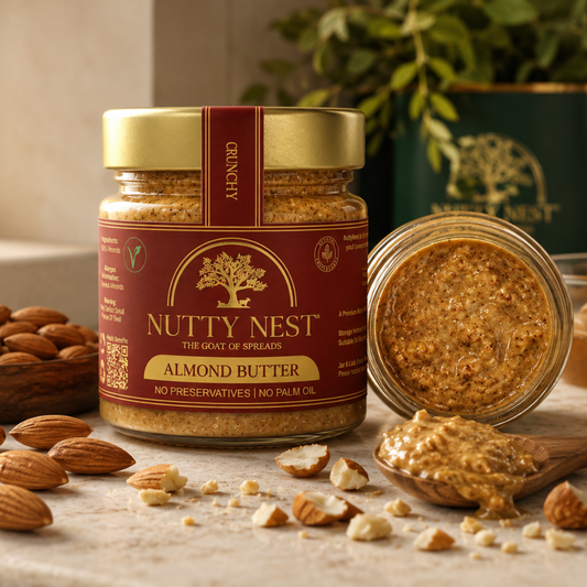 Premium almond butter in the UK by Nutty Nest, featuring crunchy almond butter made with roasted almonds, whole almonds and a natural premium food setting. A simple ingredient almond butter designed for breakfast, healthy snacking and everyday enjoyment.