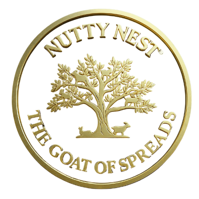 Gold emblem with 'Nutty Nest' and tree design on a white background