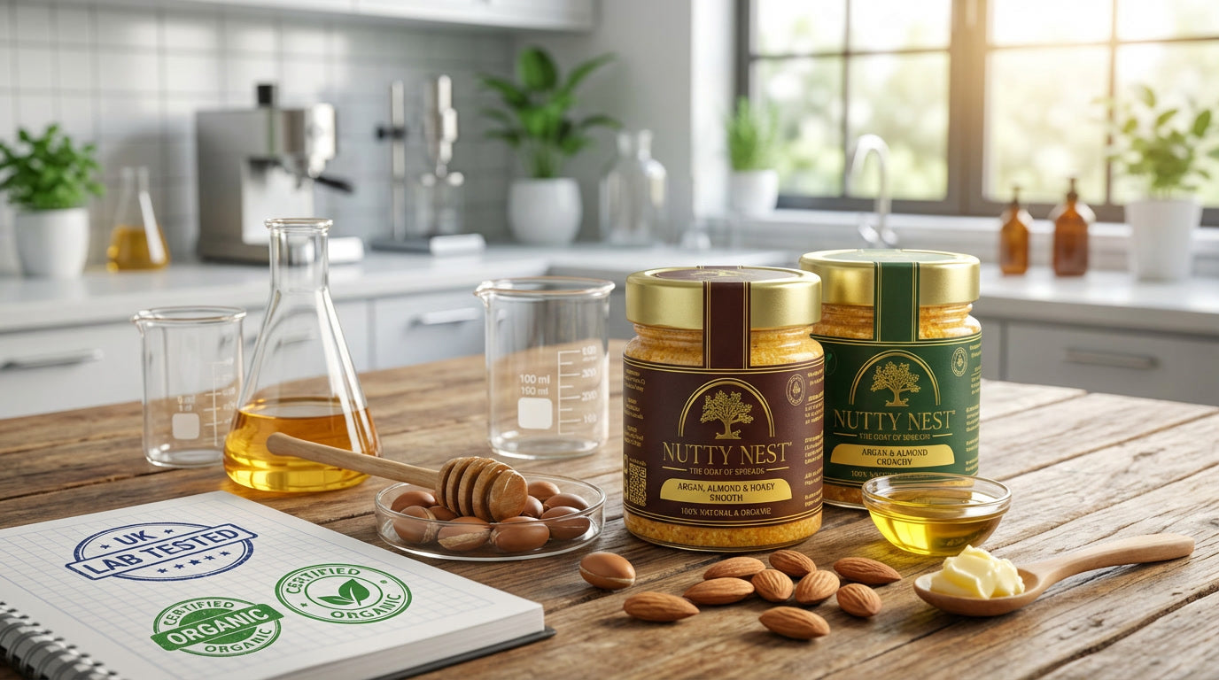 NuttyNest premium nut butter brand showcasing natural ingredients, artisan production, and UK lab tested quality with clean label and no palm oil, premium healthy almond butter
