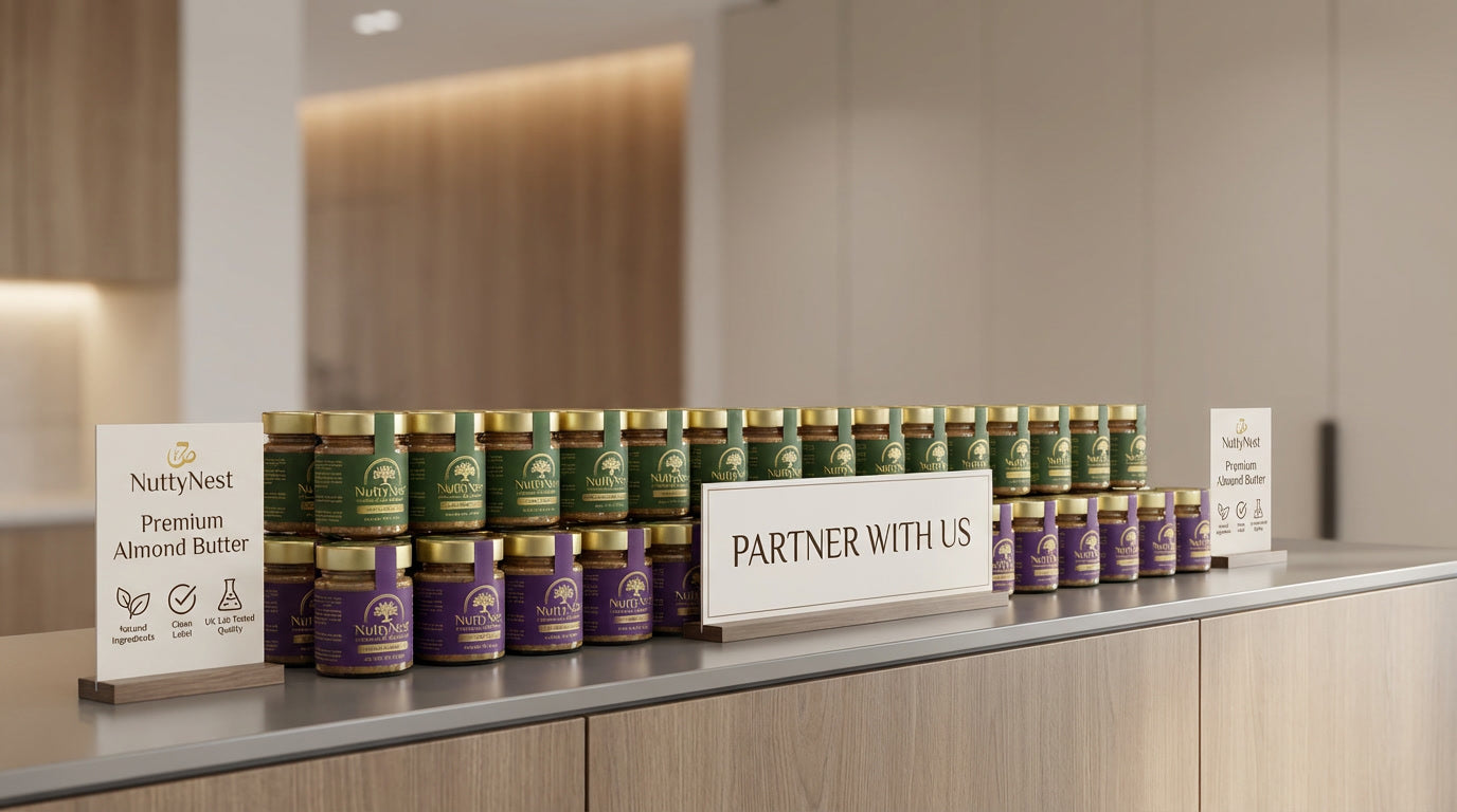 NuttyNest premium almond butter with argan oil showcased for retail partnership opportunities, inviting shops and businesses to stock high-quality, clean-label nut butters trusted by UK lab testing and natural ingredient standards.