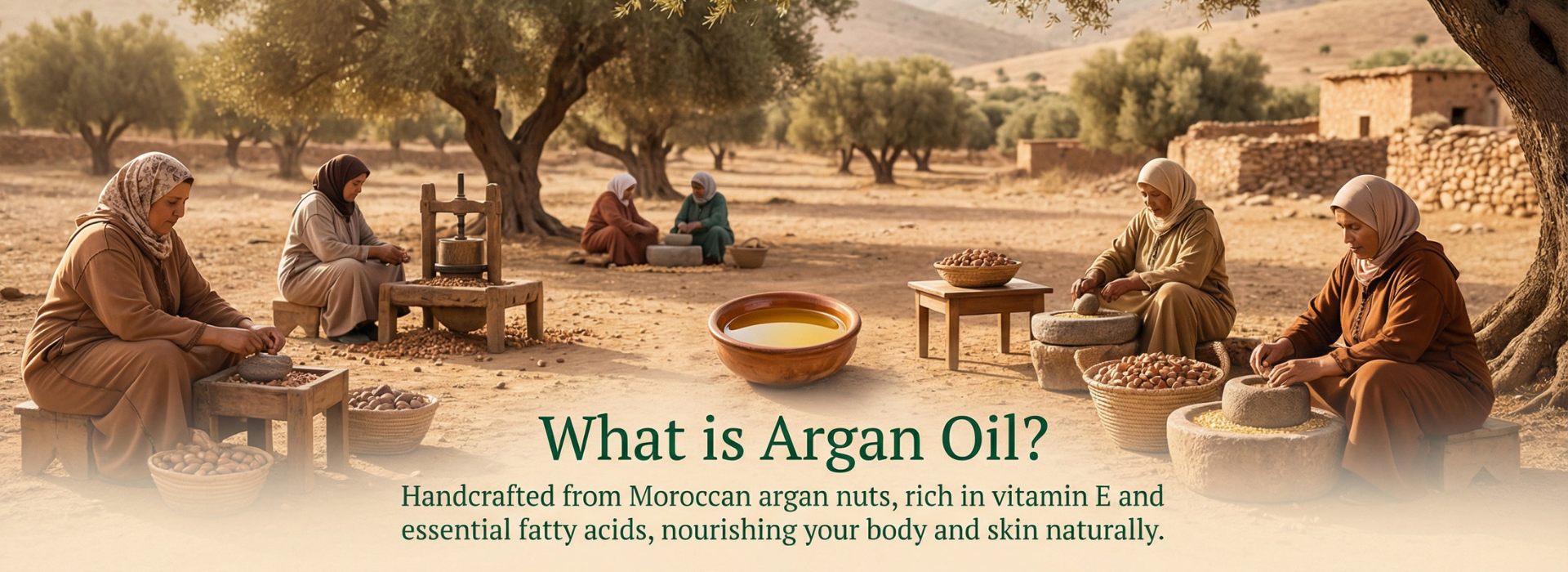 Moroccan argan tree farm with women traditionally making argan oil by hand, surrounded by lush green argan trees and fresh argan nuts, highlighting the natural process, heritage, and premium quality of NuttyNest argan oil