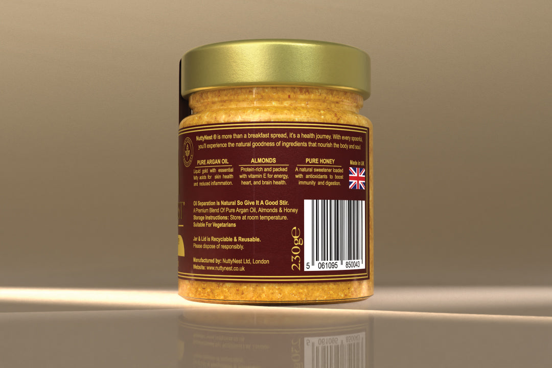 Ingredients label for Nutty Nest premium almond butter with argan oil and honey 230g