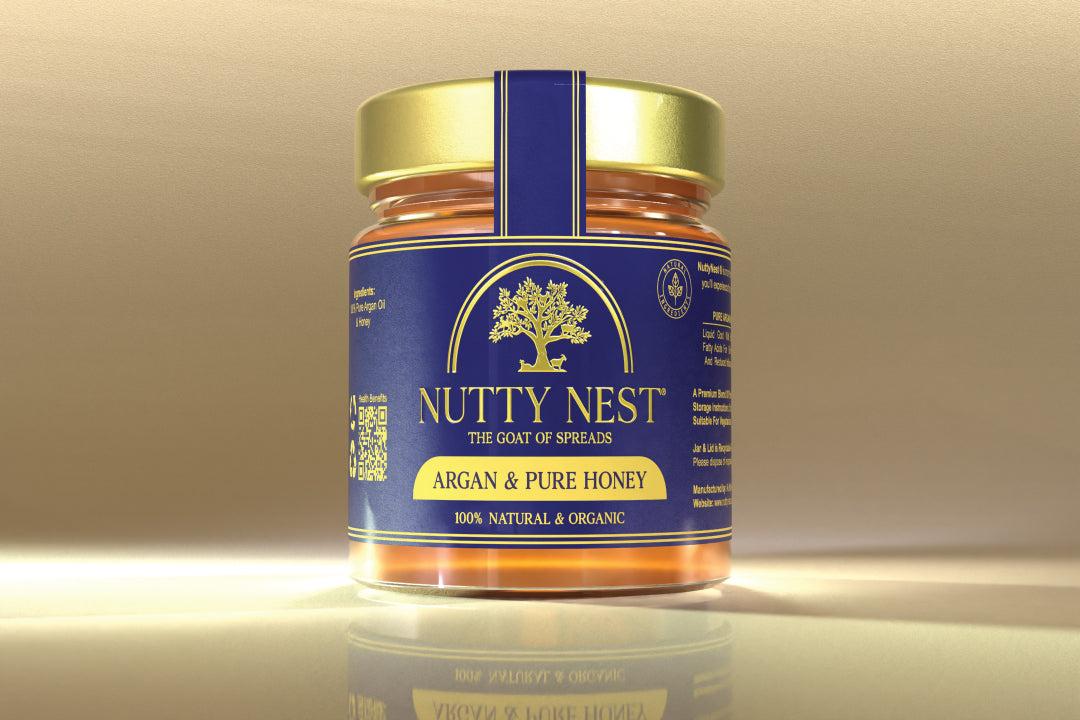 Jar of Nutty Nest Argan & Pure Honey on a gold background