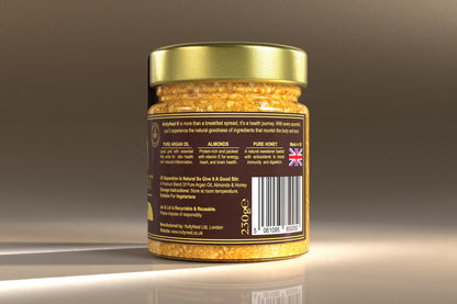NuttyNest crunchy almond butter label highlighting Made in the UK and the benefits of almonds, argan oil, and honey.