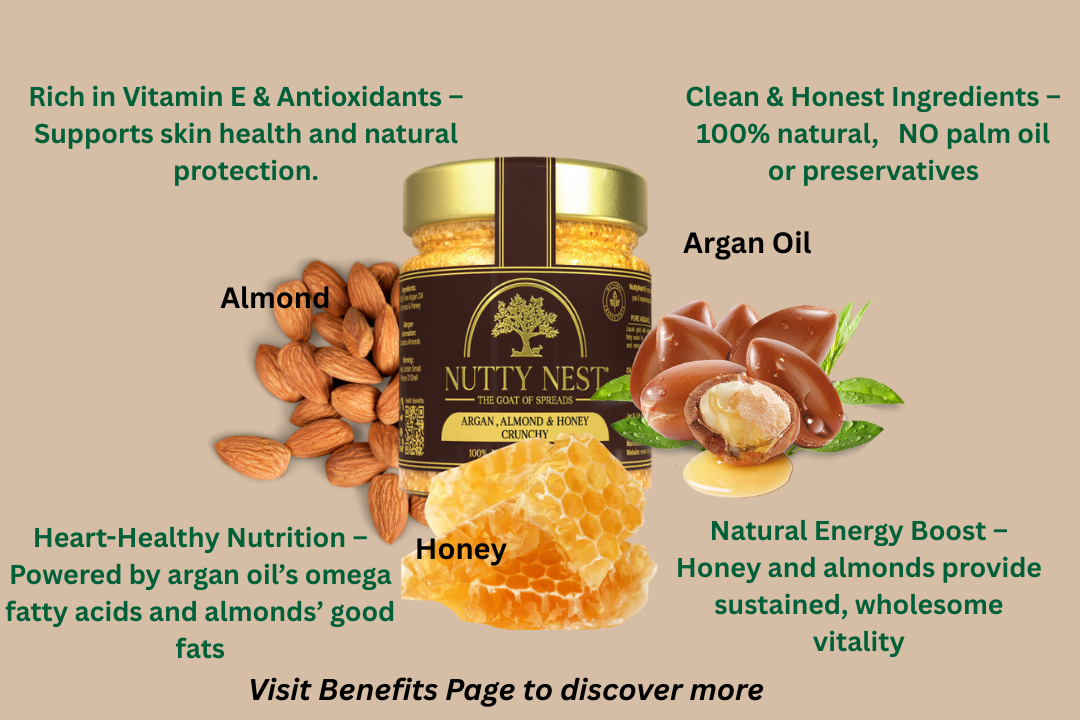 NuttyNest crunchy almond butter label highlighting Made in the UK and the benefits of almonds, argan oil, and honey.