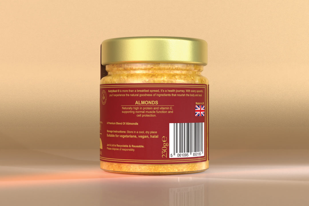Made in the UK stamp on NuttyNest Crunchy Almond Butter packaging