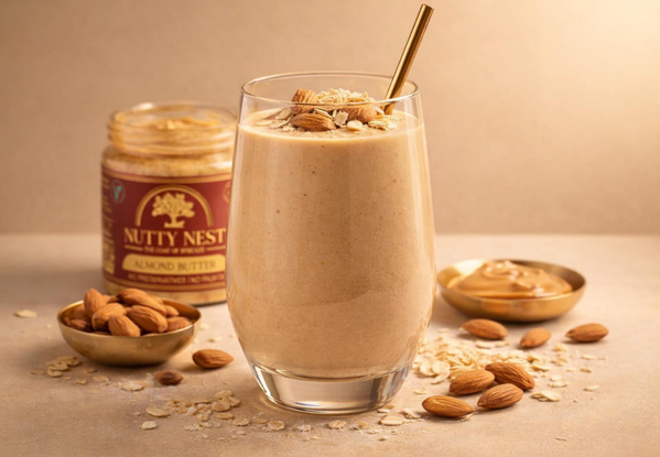 NuttyNest almond butter blended into a protein shake for a healthy, high-protein smoothie made with natural almond butter