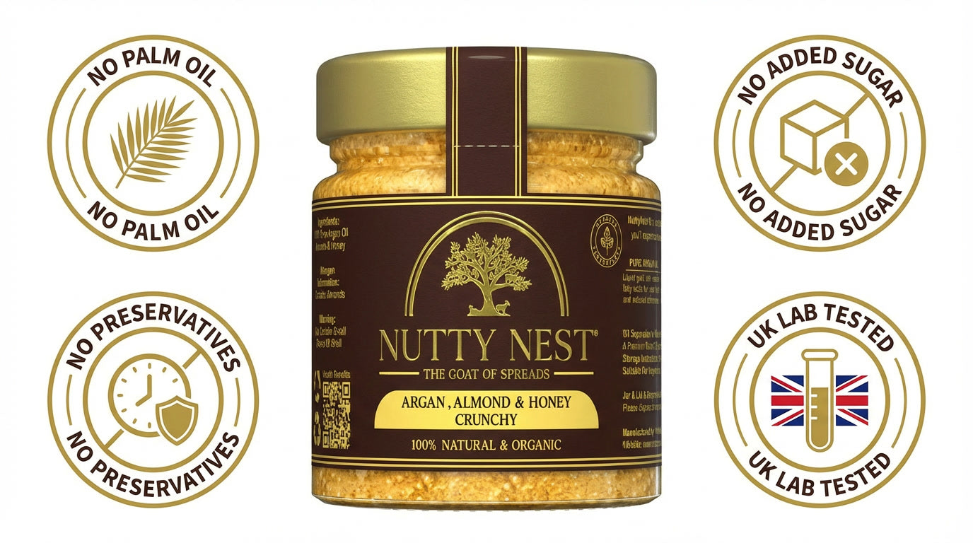 NuttyNest clean label almond butter with argan oil showing no palm oil, no added sugar, no preservatives, UK lab tested quality, premium natural nut butter for healthy lifestyles