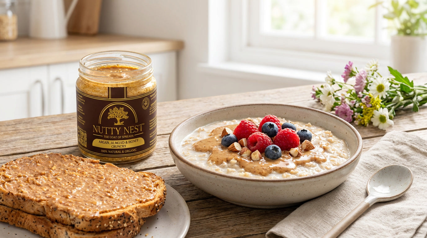 NuttyNest almond butter with argan oil used on toast, porridge and smoothies for healthy breakfasts and snacks, high protein spread with natural ingredients and clean label