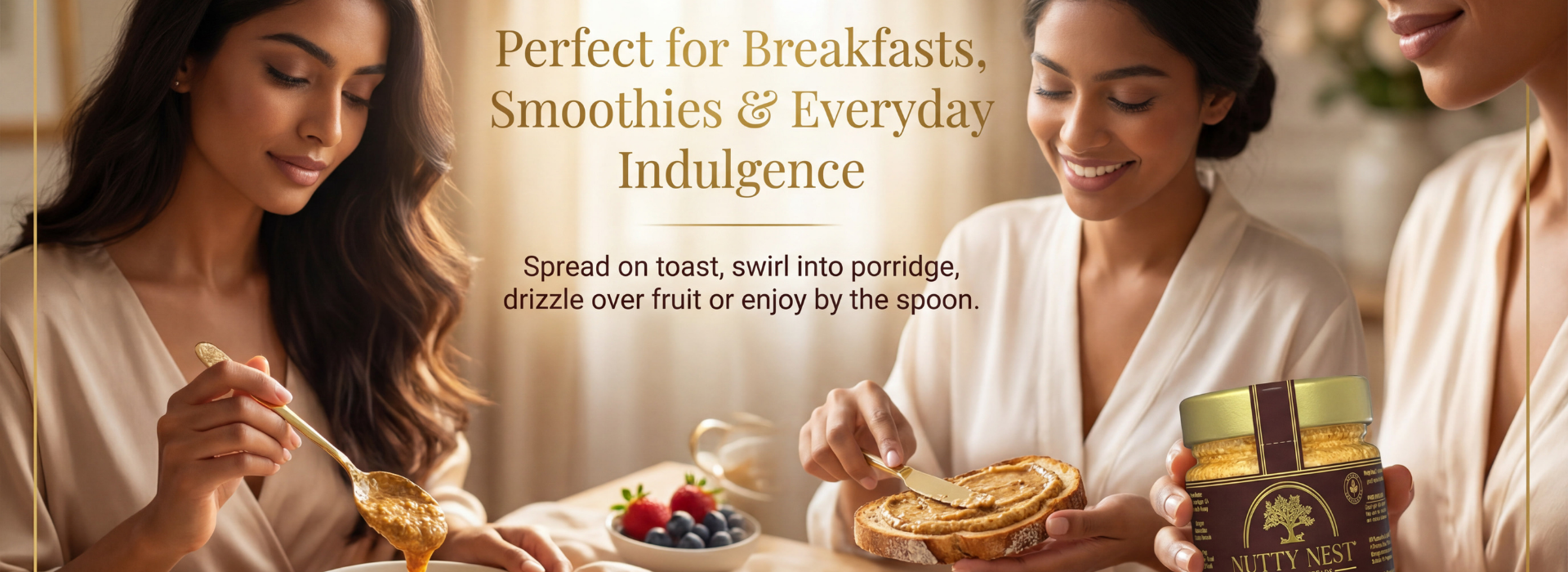 Luxury lifestyle banner showing elegant women enjoying NuttyNest almond butter made with argan oil and raw English honey during breakfast, styled with natural textures and warm light, highlighting premium quality, everyday indulgence, and clean natural ingredients