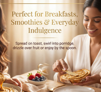 Luxury lifestyle banner showing elegant women enjoying NuttyNest almond butter made with argan oil and raw English honey during breakfast, styled with natural textures and warm light, highlighting premium quality, everyday indulgence, and clean natural ingredients.