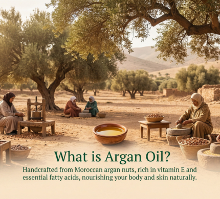 Moroccan argan tree farm with women traditionally making argan oil by hand, surrounded by lush green argan trees and fresh argan nuts, highlighting the natural process, heritage, and premium quality of NuttyNest argan oil