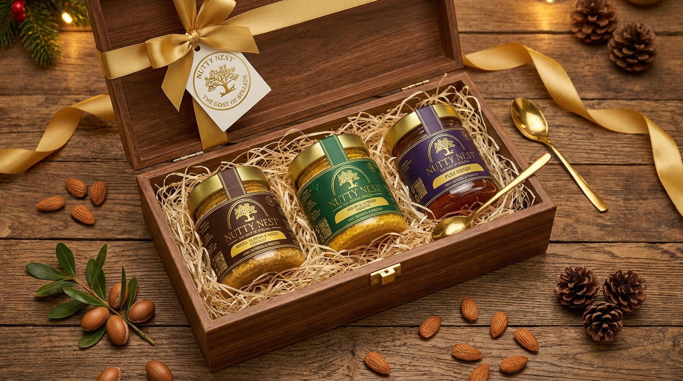 NuttyNest premium nut butter gift box featuring artisan almond butter with argan oil, healthy gourmet food gift idea, natural clean label, ideal for holidays and special occasions