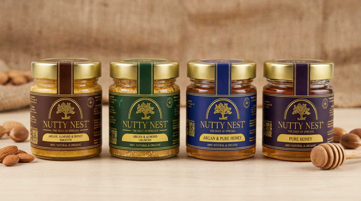 NuttyNest nut butter product collection including no palm oil almond butter with argan oil and other natural flavours, vegan and high protein nut butter range in premium packaging.