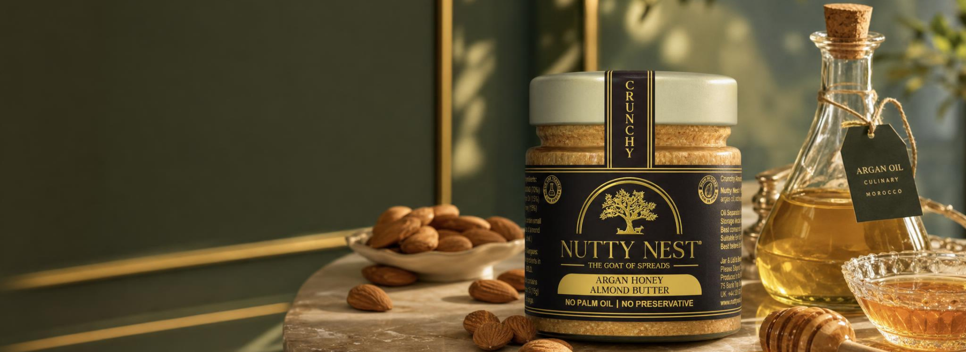 Nutty Nest premium almond butter crafted with Moroccan argan oil and British honey, a luxury UK gourmet nut butter made with roasted almonds.