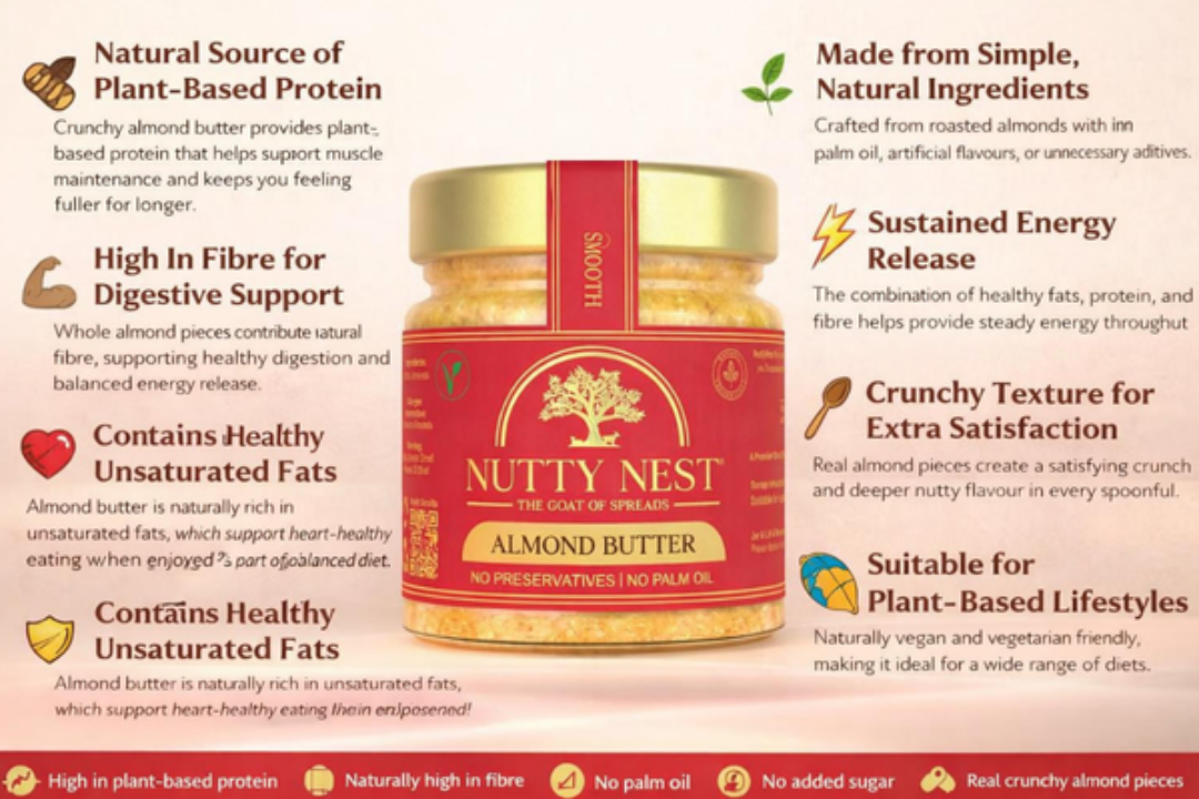 NuttyNest Smooth Almond Butter benefits label highlighting no palm oil, no preservatives, vegan, and clean-label nutrition