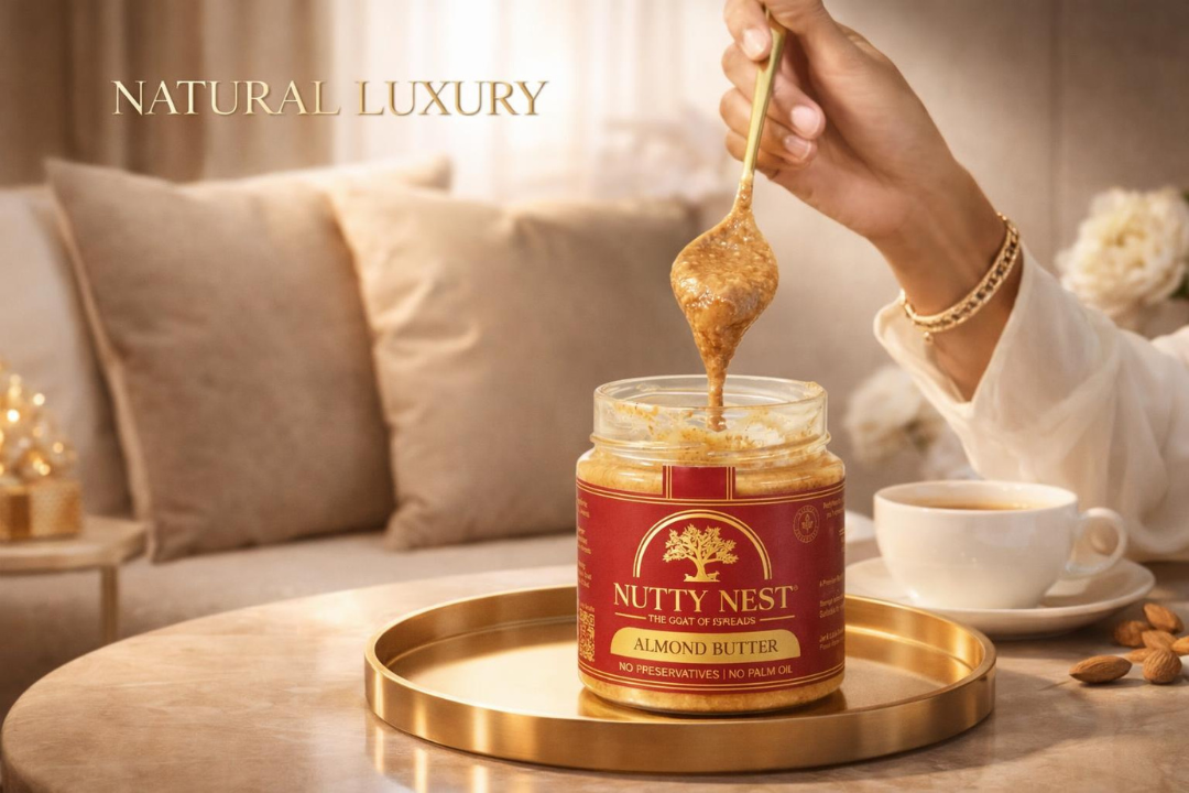 Person scooping Nutty Nest Almond Butter from a jar on a gold tray with a cup of coffee in the background.