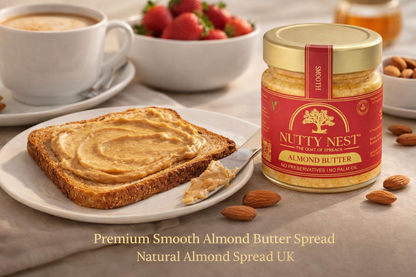 Jar of Nutty Nest almond butter with toast and coffee on a table