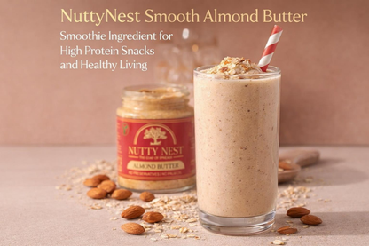 Glass of almond butter smoothie with Nutty Nest almond butter jar on a wooden surface.