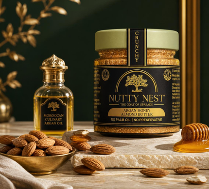 Nutty Nest premium almond butter crafted with Moroccan argan oil and British honey, a luxury UK gourmet nut butter made with roasted almonds.
